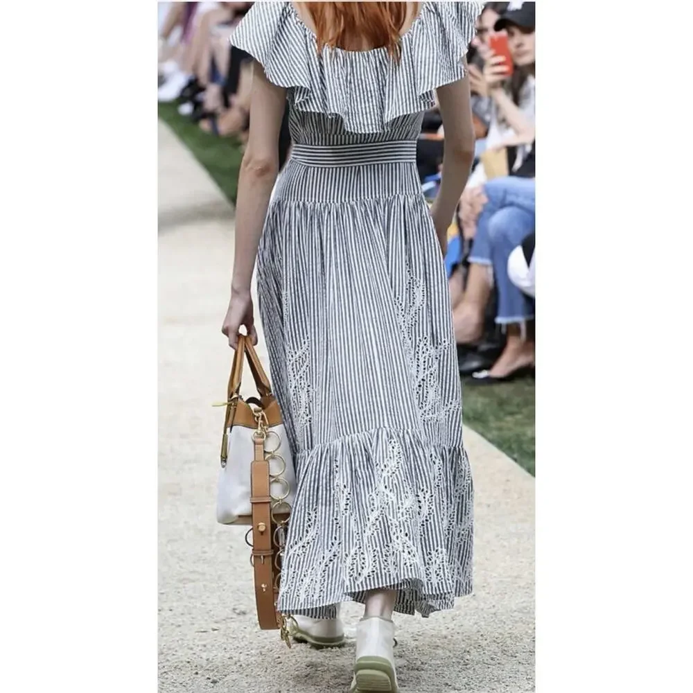 Tory Burch Eyelet Embroidered Seersucker Stripe Ruffles Midi Dress 0 $548